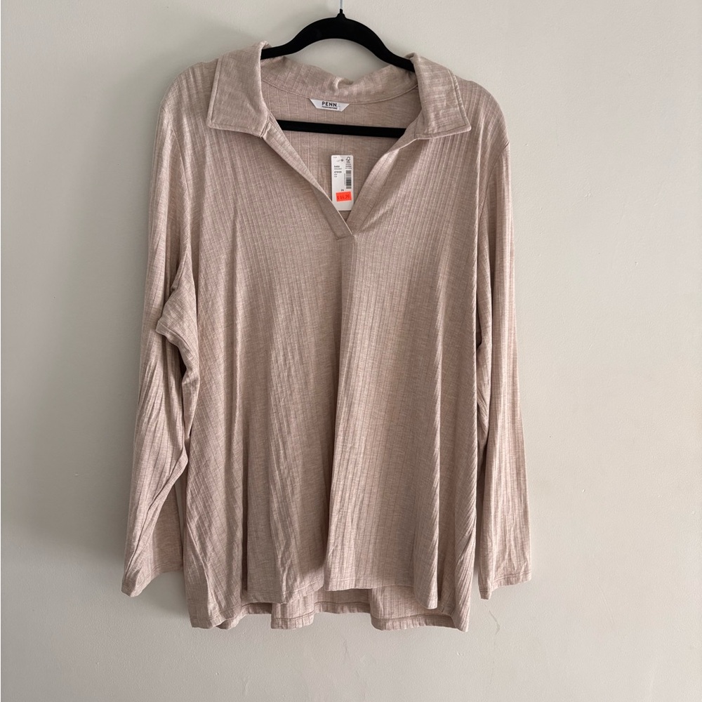 Penningtons Ribbed V-Neck Collared Long Sleeve Top Beige 2X Soft Stretch Minimal